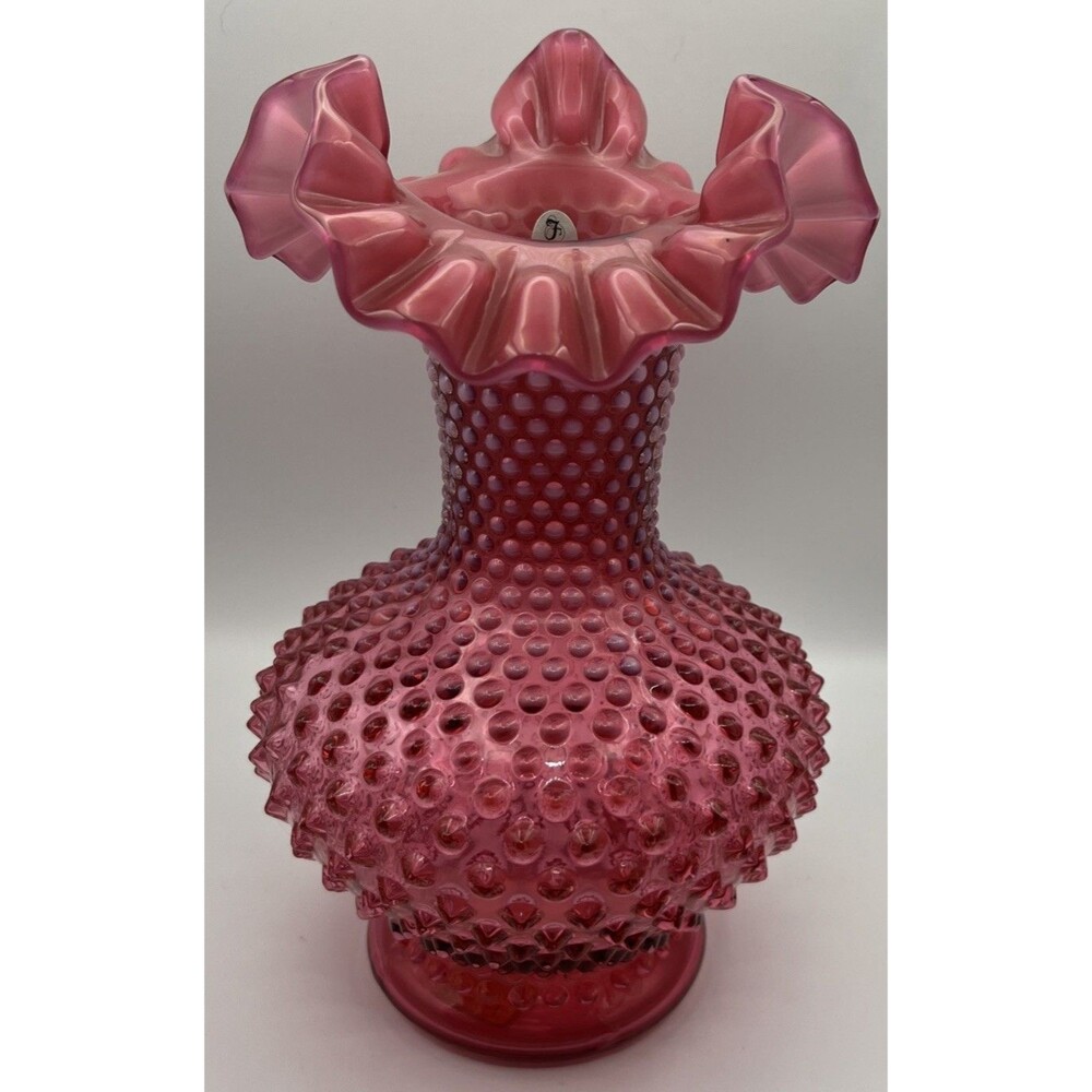 VNTG Fenton Cranberry Opalescent Hobnail Art Glass Vase Ruffled Edge 11” - Rare
